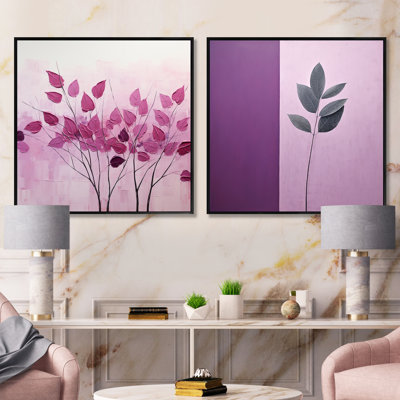 Magenta Motion Leaf Minimalist Style - Leaves Square Collage Set Of 2