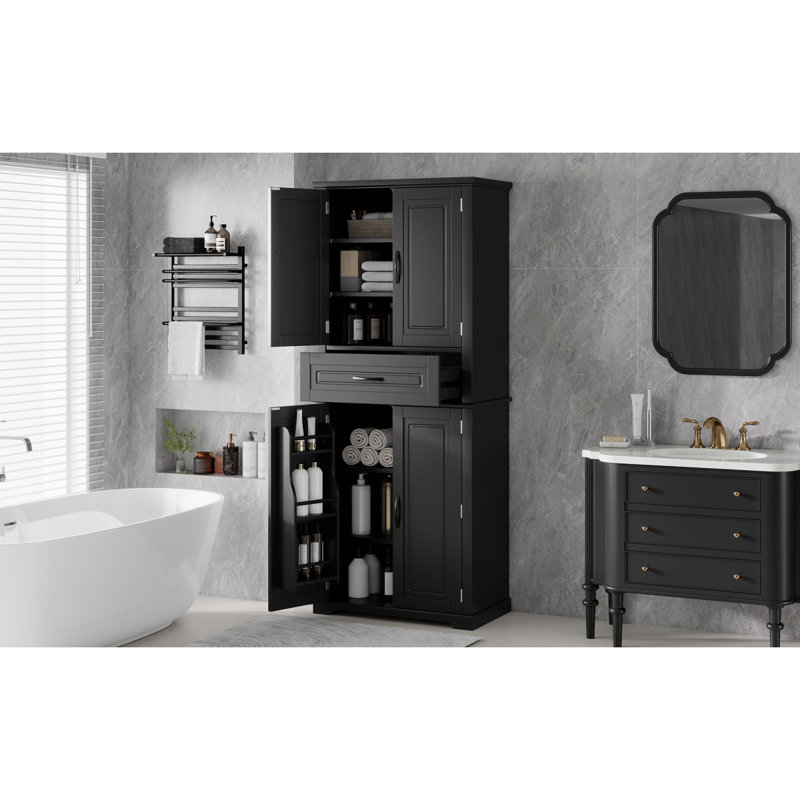 [Video] Bathroom Storage Cabinet With Multi-Functional Storage Space, Drawer With Slide Rails, Adjustable Shelf, Black, Black