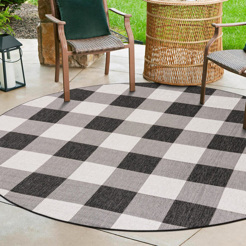 Tatasha Gingham Power Loom Polypropylene Plastic Indoor/Outdoor Area Rug in Black/White, Round 7'10"