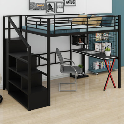 Lit mezzanine en métal tout-en-un avec bureau intégré, garde-robe et éclairage DEL