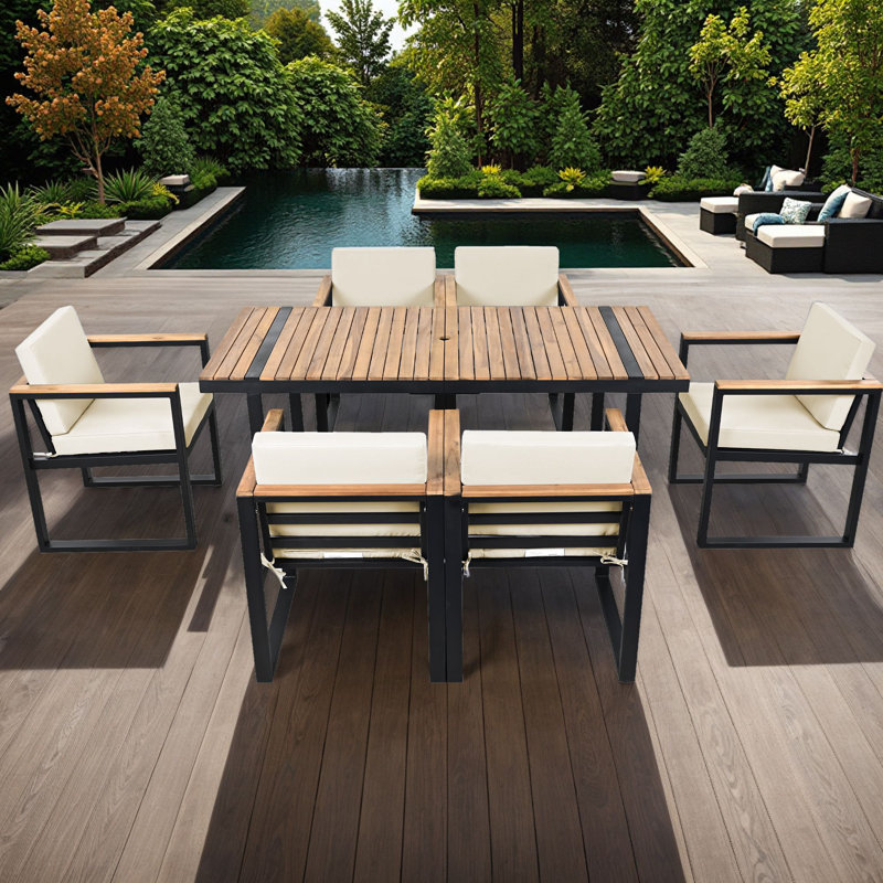 Outdoor 7 Piece Dining Set Patio Dining Table and Chair Group with Removable Cushion, Beige