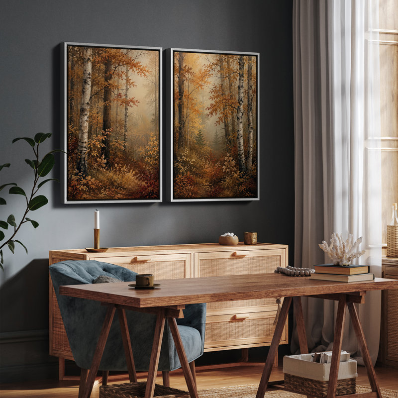 Autumn Birch Forest Path Warm Woodland Living Room Decor, 2 pièces, impression encadrée, H 24 po x l 16 po, Noir
