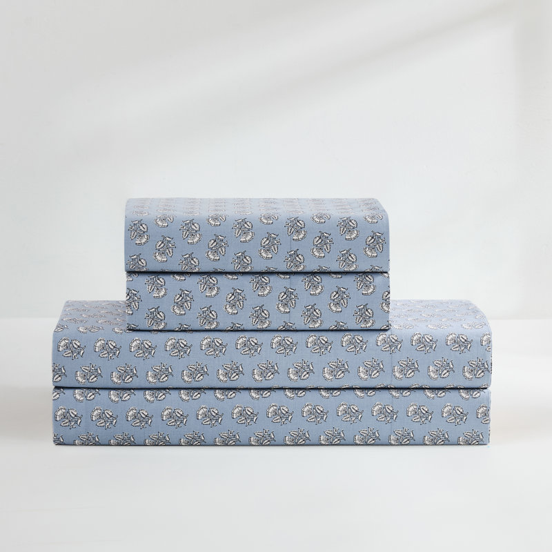 Freesia Cotton Sheet Set Blue, Queen Sheet Set with 2 Pilowcases