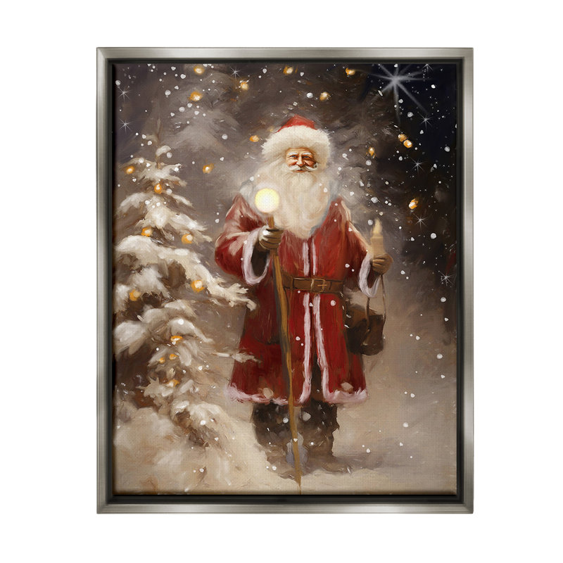 «Santa In Snowy Night Scene» par Ramona Murdock sur toile, H 21 po x l 17 po, Cadre flottant gris lustré