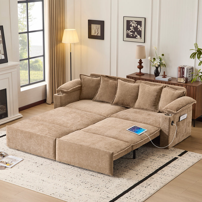 Full Size Pull Out Sofa Bed With Storage，Convertible Sleeper Sofa Bed With Usb Ports Cup Holders, Chenille Upholstered Couch With Chaise Lounge For Living Room, Guest Room, Brown