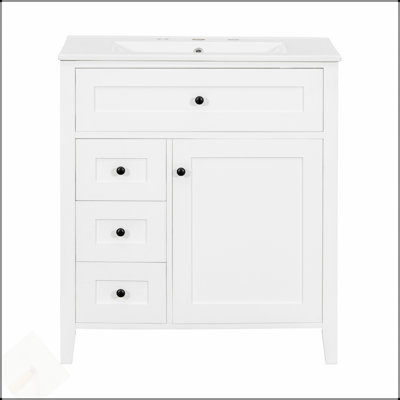 Meuble-lavabo de 30 po avec lavabo, panneau de fibres à densité moyenne moderne et bois d'hévéa, 3 tiroirs, tablette réglable pour le rangement