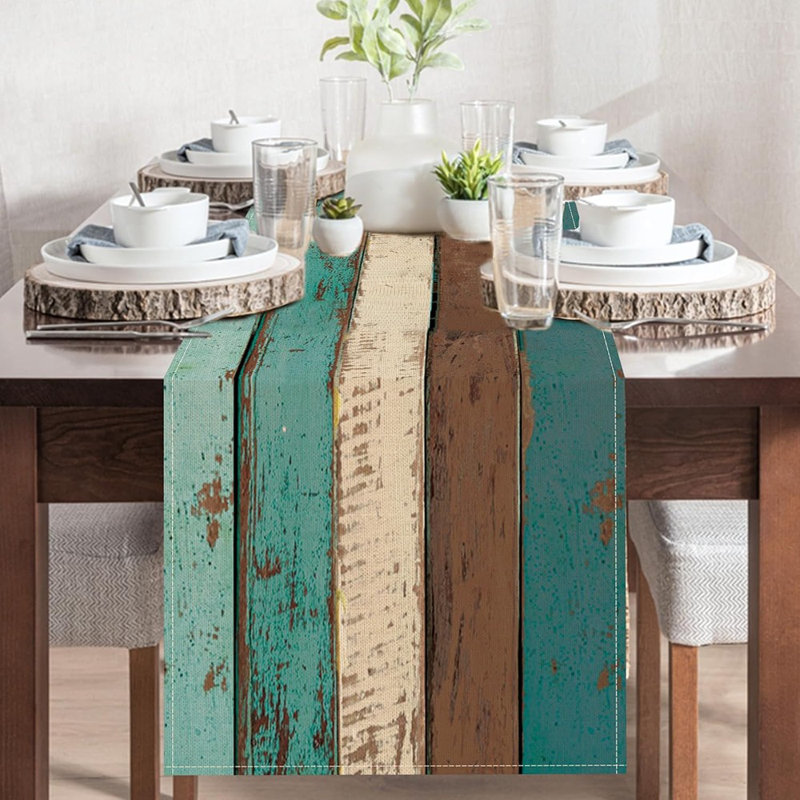 Table Runner - Teal & Brown , Vintage Wood Texture, Burlap, Farmhouse Rustic Table Décor