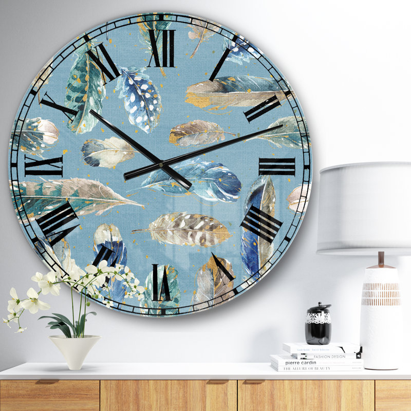 Indigold Feathers Turquoise Pattern - Traditional wall clock, Blue/Multicolor, Small