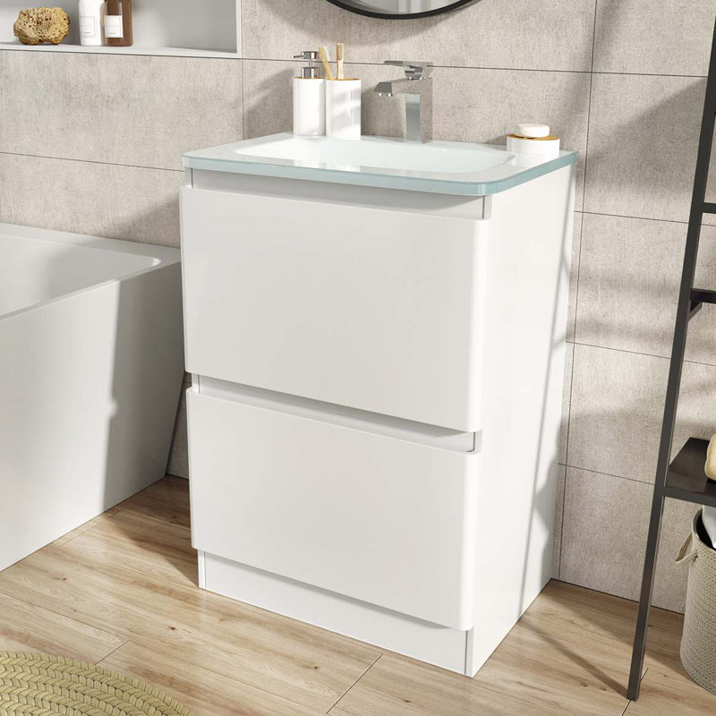 Bridge 595mm Single Bathroom Vanity with Integrated Glass Basin, White, White