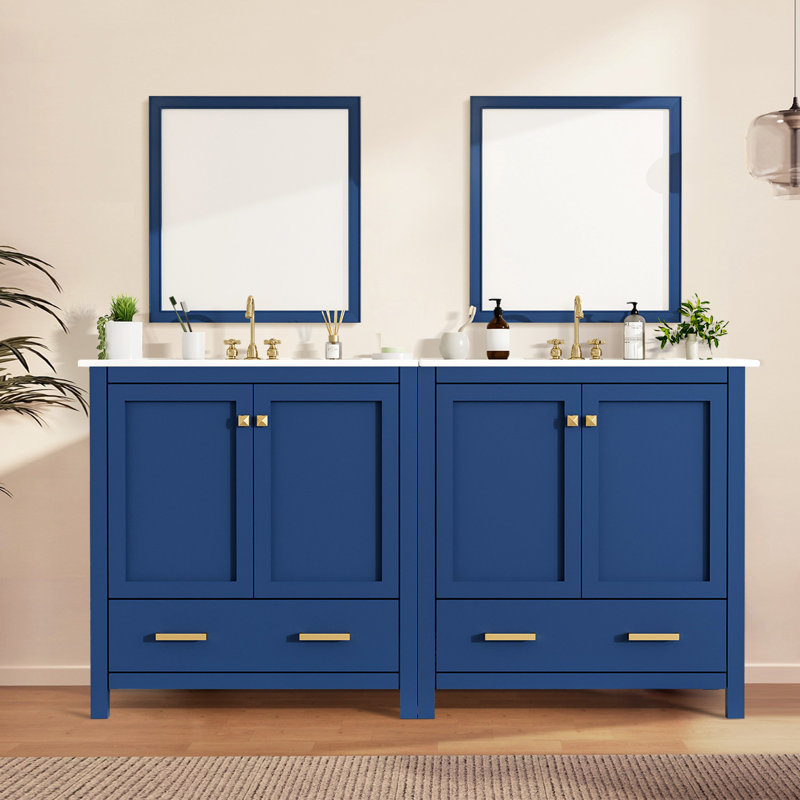 Ensemble de meuble-lavabo moderne 60 ", meuble-lavabo double séparé avec double lavabo en céramique (miroir non inclus), Bleu