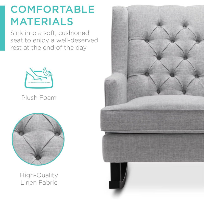 Gray Tufted Upholstered Wingback Rocking Accent Chair with Wood Frame