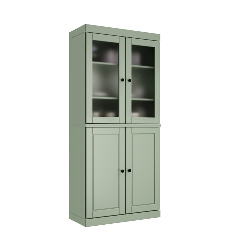 100% Solid Wood 32" Pantry Cabinet with Frosted Glass Doors and 2-Drawers, Sage