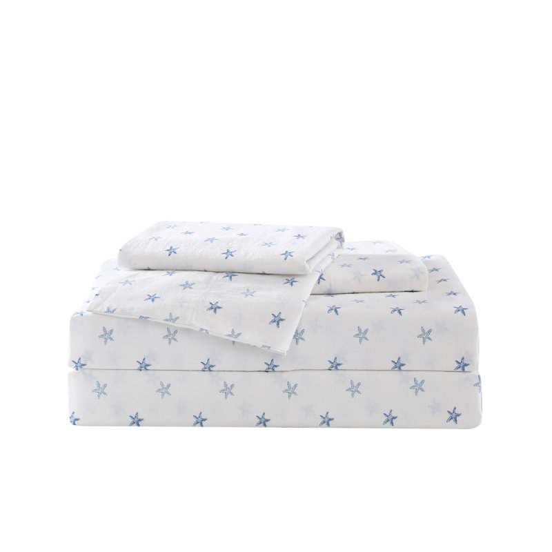 Tommy Bahama Printed Percale Cotton Sheet Set, Queen Sheet Set with 2 Pillowcases, Blue Starfish Treasure 