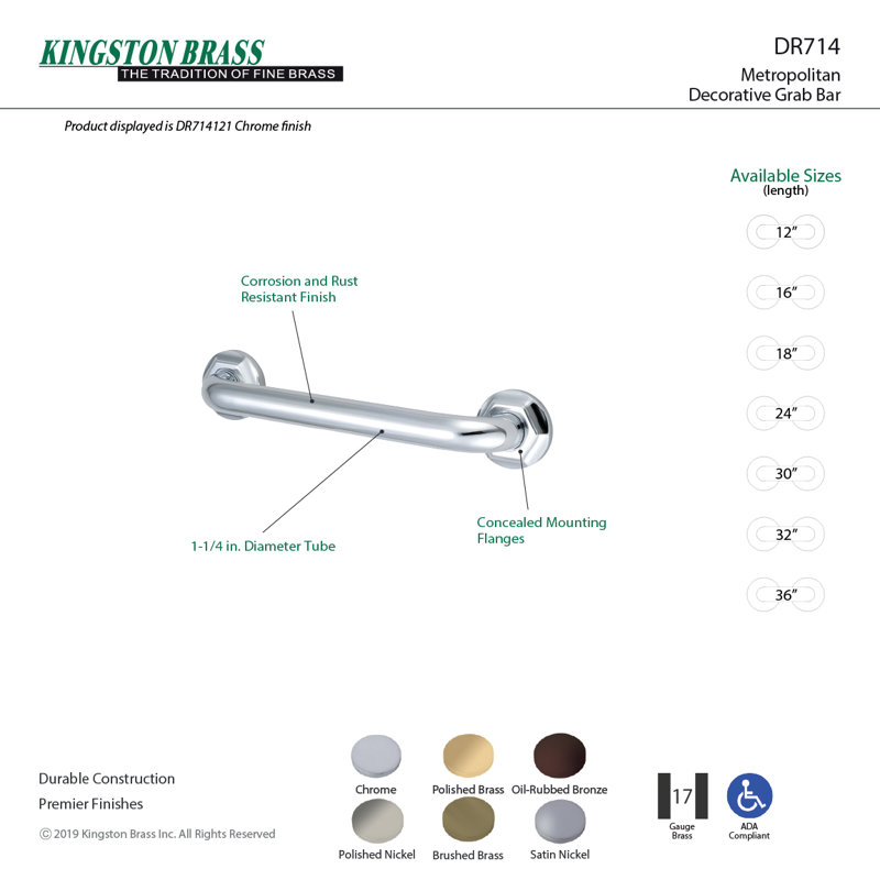 Kingston Brass Metropolitan O.D Grab Bar, Satin Brass, 2.81" H x 38.81" W x 2.75" D