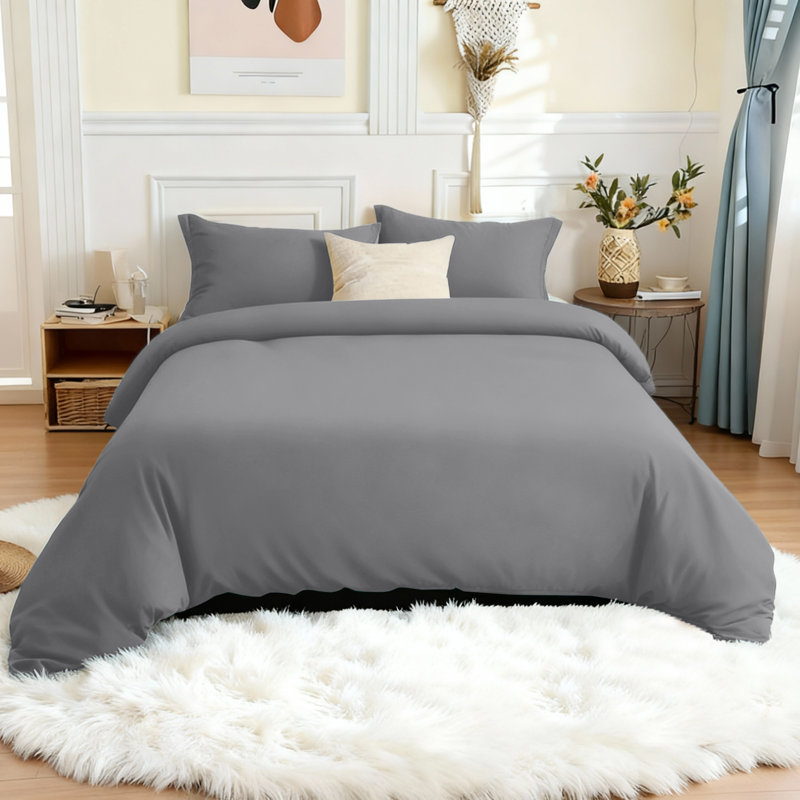Microfiber 250 TC Reversible 4 piece Plain Duvet Cover Set with Pillowcases, Double Duvet Cover + 4 Additional Pieces, Grey
