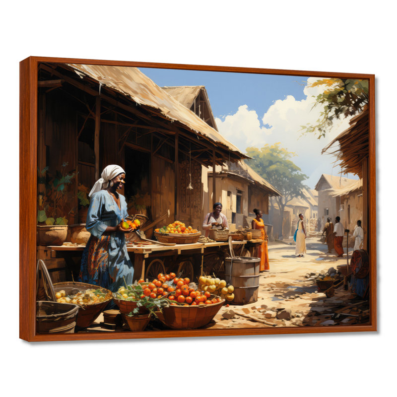 African Vibrant Market II - Art mural africain, H 12 po x l 20 po, Brun, Reproduction avec cadre flottant