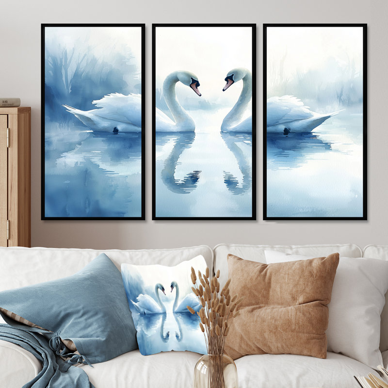 Cygnes tranquilles sur le lac II - Art mural oiseau - 3 pièces, H 28 po x l 36 po, Impression encadrée sans passe-partout