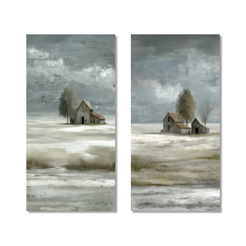 «Farmhouse in Winter Countryside Landscape», ensemble de 2 décorations murales en métal blanc, 32" H x 32" W