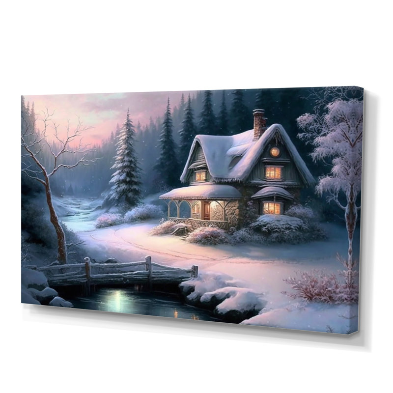Winter Scene Farmhouse - Landscape Cottage, art mural, H 24 po x l 32 po x P 1 po, Toile tendue
