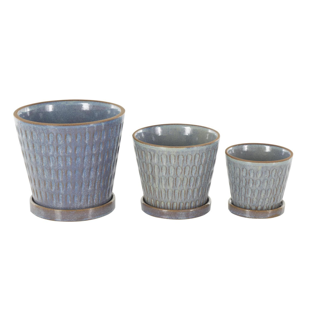 Cole And Grey 3 Piece Ceramic Oval Patterned Geometric Planter With Brown Accents And Base Tray Set Dakota Fields