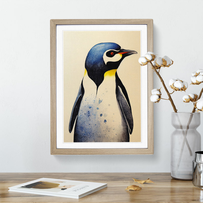 Penguin No.4 - Single Picture Frame Painting, 46cm H x 34cm W x 2cm D, Oak