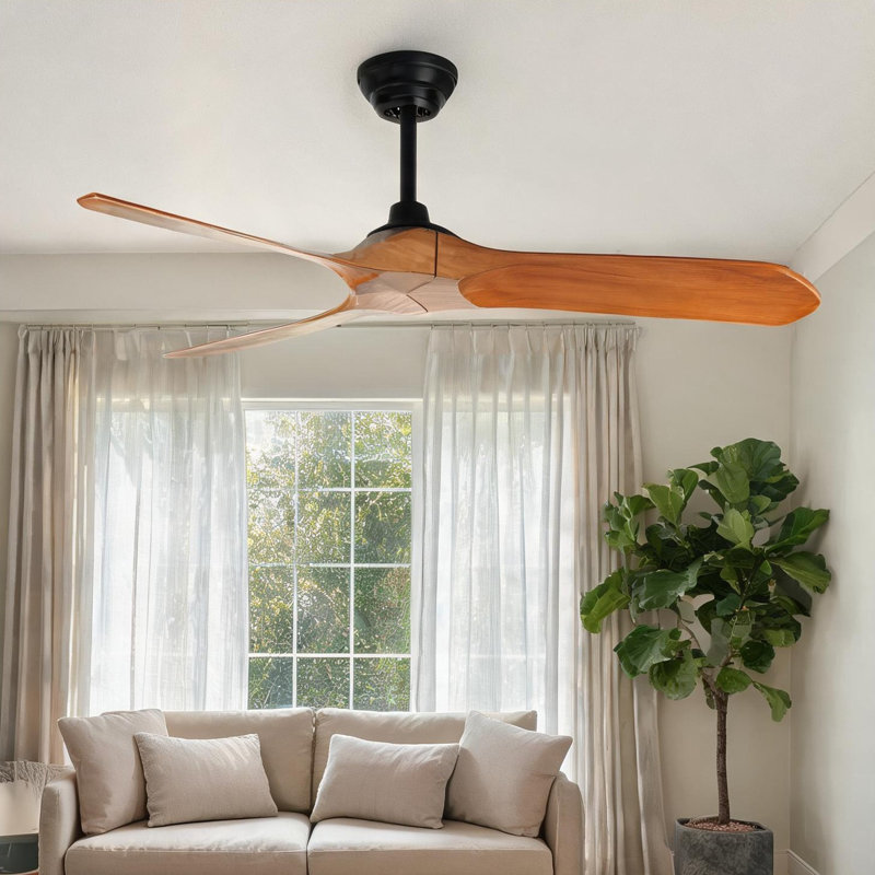 Ventilateur de plafond intérieur / extérieur en bois de 60 pouces sans lumière, télécommande, moteur à courant continu réversible, finition bois naturel