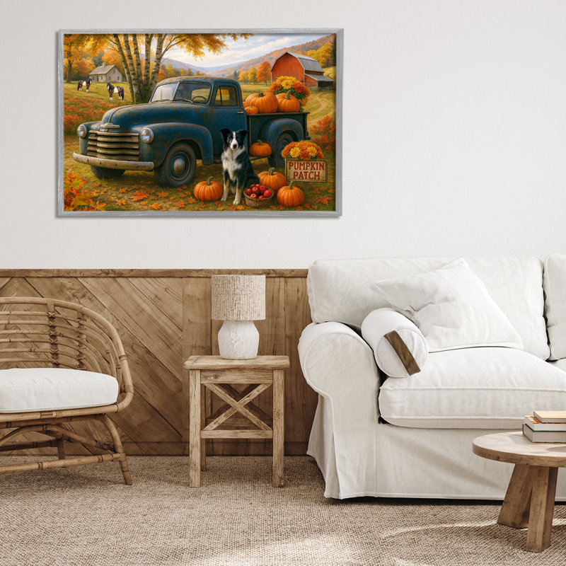«Autumnal Farmland Collie», giclée encadrée par Tom Crehan, H 20 po x l 30 po, Estampe numérique Farmhouse