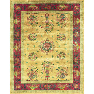 Tapis antique médaillon floral jaune art déco des années 1920