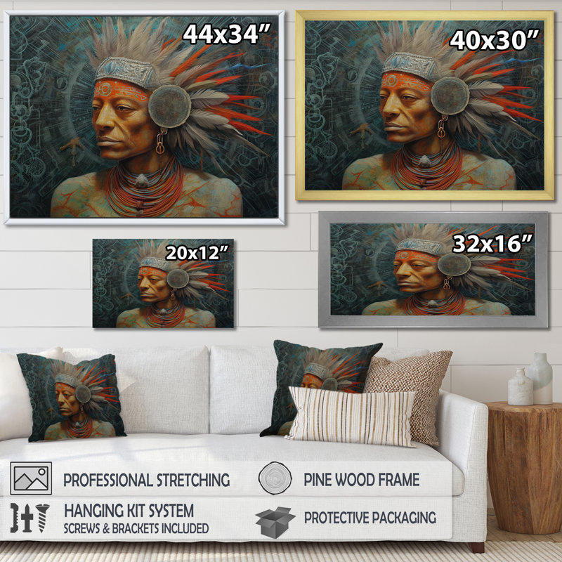 Chaman amérindien avec coiffe de plumes sur toile, H 24 po x l 32 po x P 1 po, Cadre flottant blanc