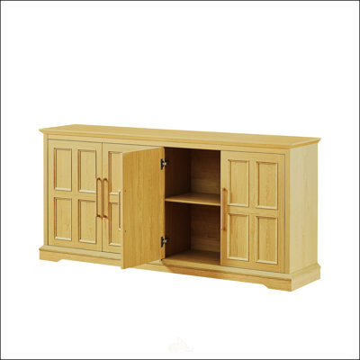 Buffet de style champêtre de 170 cm avec grand espace de rangement, console en chêne pour bar à vin ou café, idéal pour la cuisine et la salle à manger.