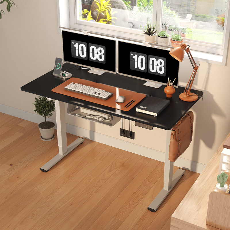 Adjustable Standing Desk, Whole-Piece Desktop, Black/Gray, 55" W x 28" D