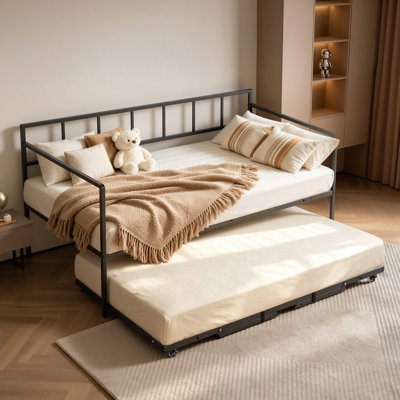 Lit de jour simple avec couchette escamotable en métal pour lit de jour escamotable, pour le salon, chambre d'amis, peu encombrant, support de canapé-lit en métal robuste, roulettes verrouillables, assemblage facile, noir