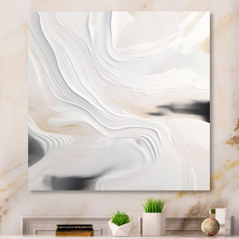 Blanc et or ondulations de pierre - art mural abstrait en marbre, H 36 po x l 36 po, Toile tendue, Sans cadre