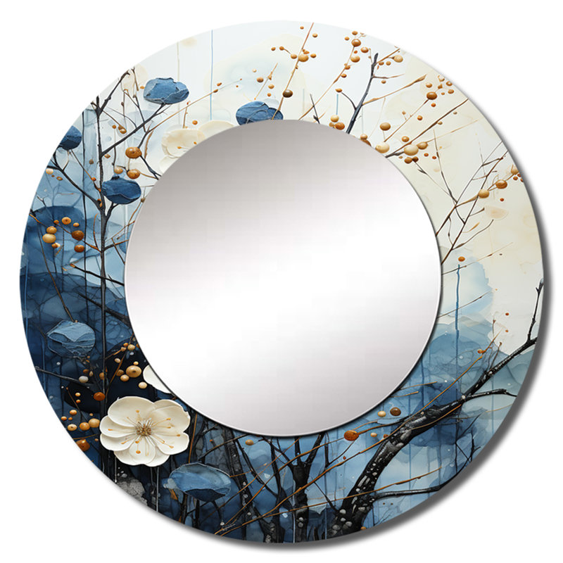 Japon Art Blue Serene Zen Minamlism Landscape II - Floral Round Mirror Wall Decor, 36" x 36"