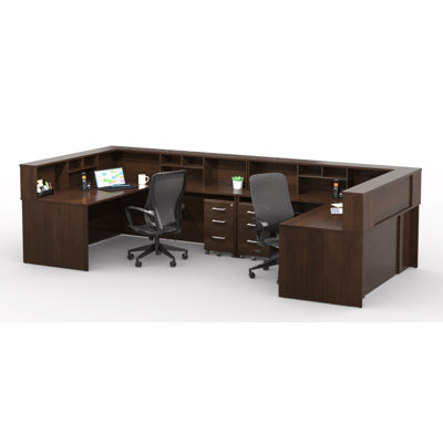 Commercial-Grade U-Shaped Reception Desk with Transaction Counter & 2 Mesh Office Chairs – Fully Assembled Front Desk Workstation