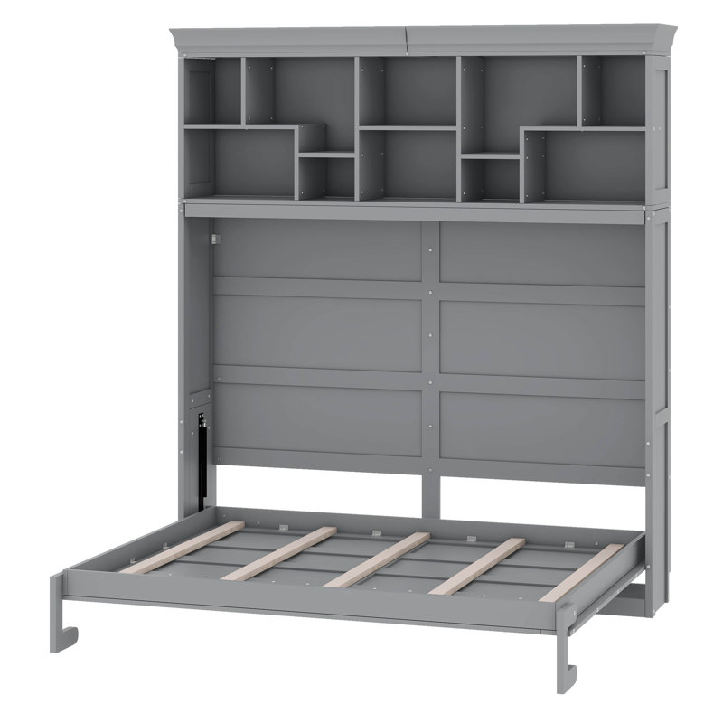 Grand lit escamotable avec tablettes supérieures et USB, Gris
