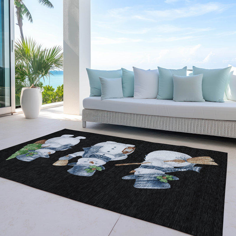 Machine Washable Indoor/Outdoor Christmas Snowman Xhevrie Black Rug, Rectangle 2'6" x 3'10"