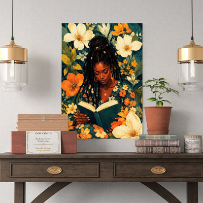 Canvas Wall Art Black Woman Reading Book Floral Garden Art Print_1 Vintage Poster Print Home Decor
