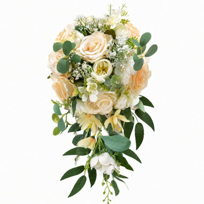 16.9" Champagne Cascading Artificial Rose Bridal Bouquet with Eucalyptus, Wedding Teardrop Hand Flower