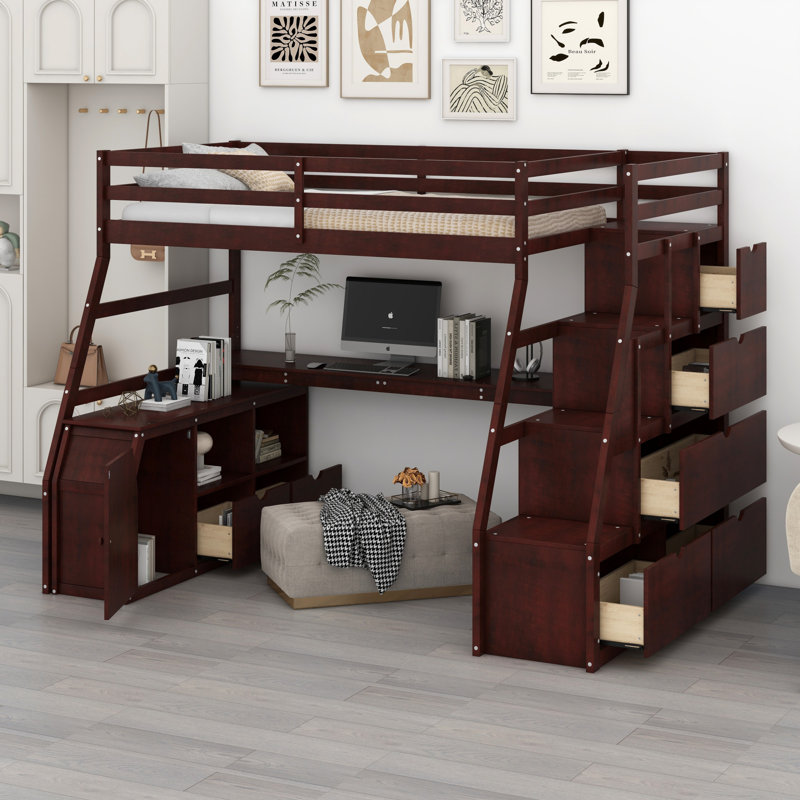 Lit mezzanine avec tiroirs, tablettes et bureau, Espresso