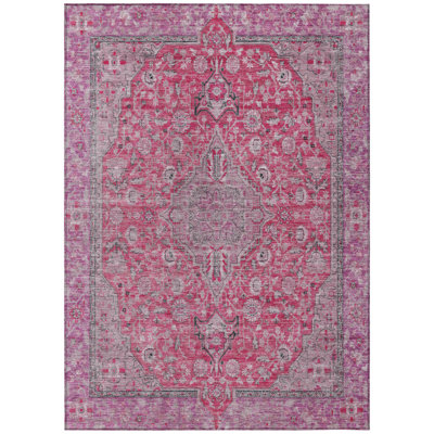 3' X 5' Pink And Lavender Medallion Washable Indoor Outdoor Area Rug