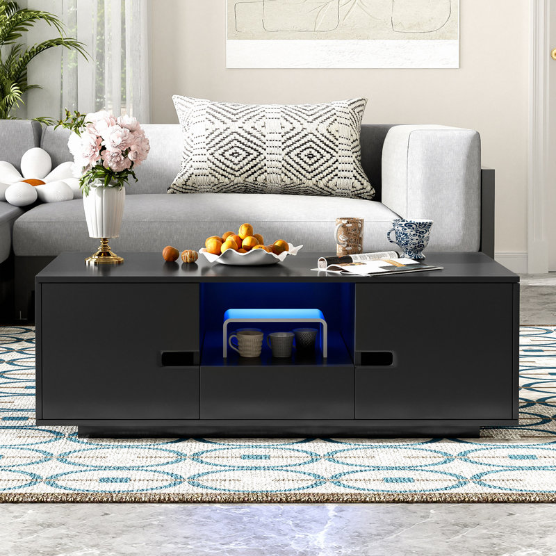 Table basse rectangulaire haute brillance, table centrale élégante avec espace de rangement, mobilier d'appoint avec 16 lumières DEL de couleur pour le salon