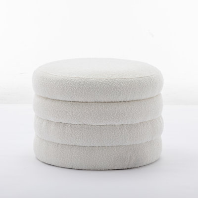 Boucle Fabric Storage Round Ottoman Footstool With Wooden Shelving by Latitude Run