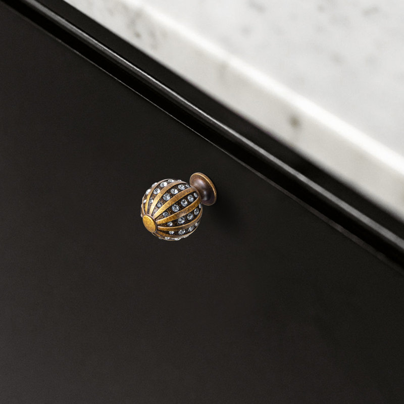 Antique Brass Crystal-Embellished Round Cabinet Knob