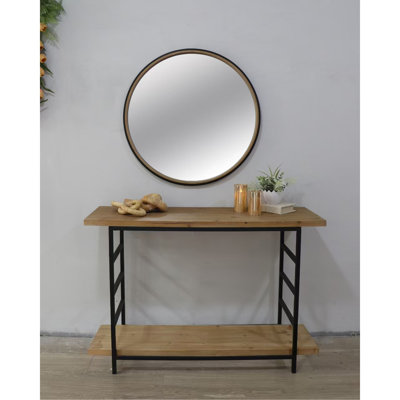 31.3" Two-Tone Matte Black and Natural Wood Decorative Mirror