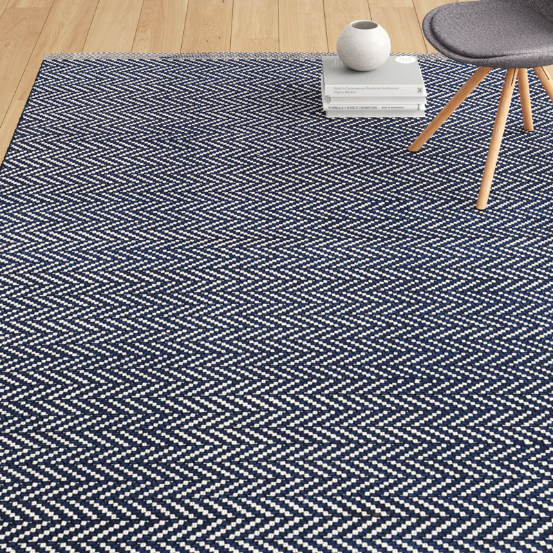 Herringbone Navy/Ivory Handwoven Indoor/Outdoor Rug, Rectangle 7'6" x 9'6"