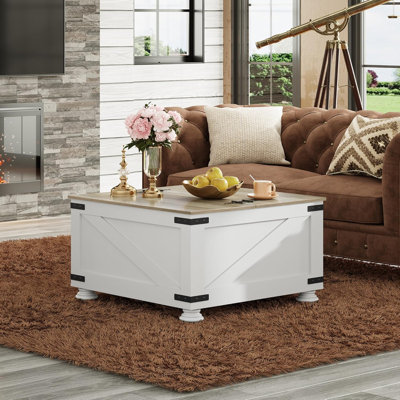 Farmhouse Coffee Table, 31.5" Square Wood Center Table With Flip-Top Lids And Large Hidden Storage Compartment For Living Room, Bedroom, Grey Oak by Ophelia & Co.