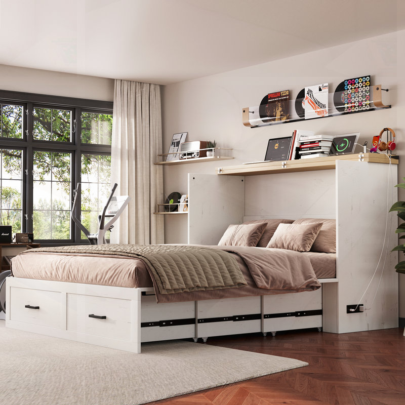Grand lit escamotable avec station de charge et grand rangement, pour petits espaces et utilisation multifonctionnelle