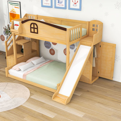 Lit superposé simple au-dessus de double avec glissade intégrée, garde-robe et rangement Woode