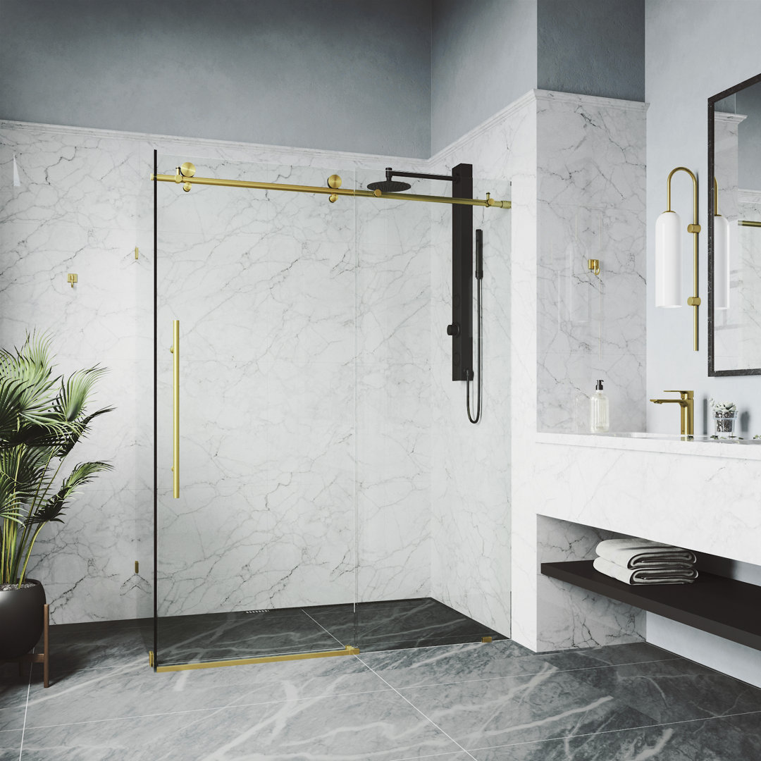Elan E-class 46" W x 34" D x 76" H Sliding Frameless Shower Enclosure with 3/8" Clear Glass VIGO Finish: Matte Brushed Gold